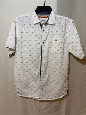 Paper Denim & Cloth White Short-Sleeve Button-Down with Navy & Red Shark Print